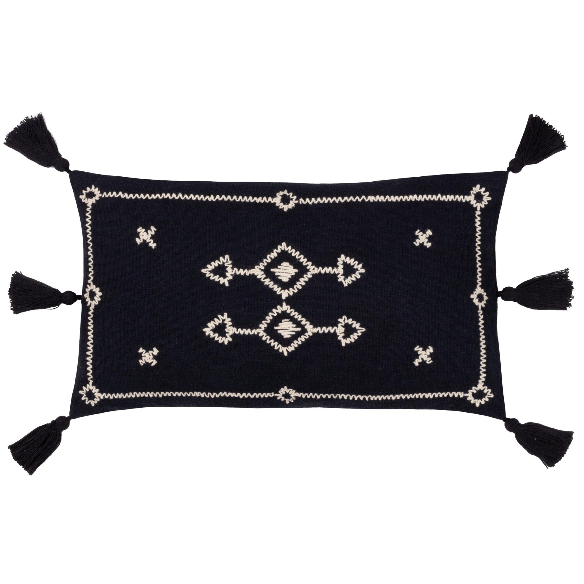 Black cotton cushion measuring 30 cm x 50 cm, featuring intricate white embroidery and decorative tassels at each corner.
