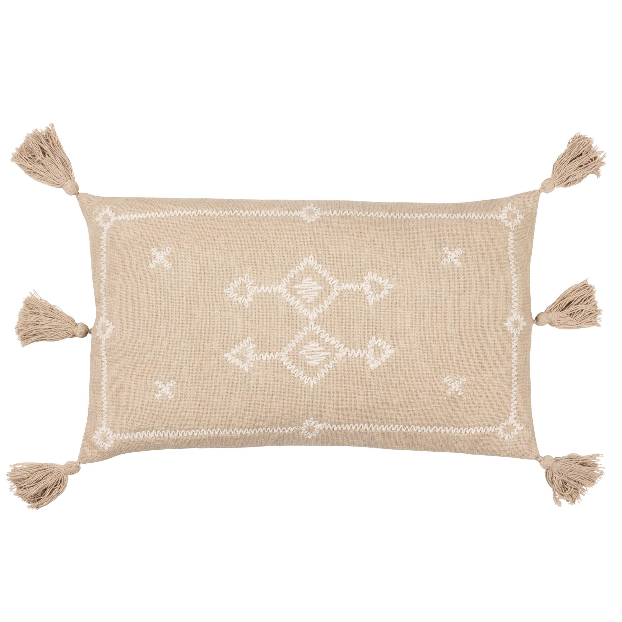 Cream embroidered cushion featuring a geometric design and decorative tassels at each corner, made from soft fabric for a cozy touch.