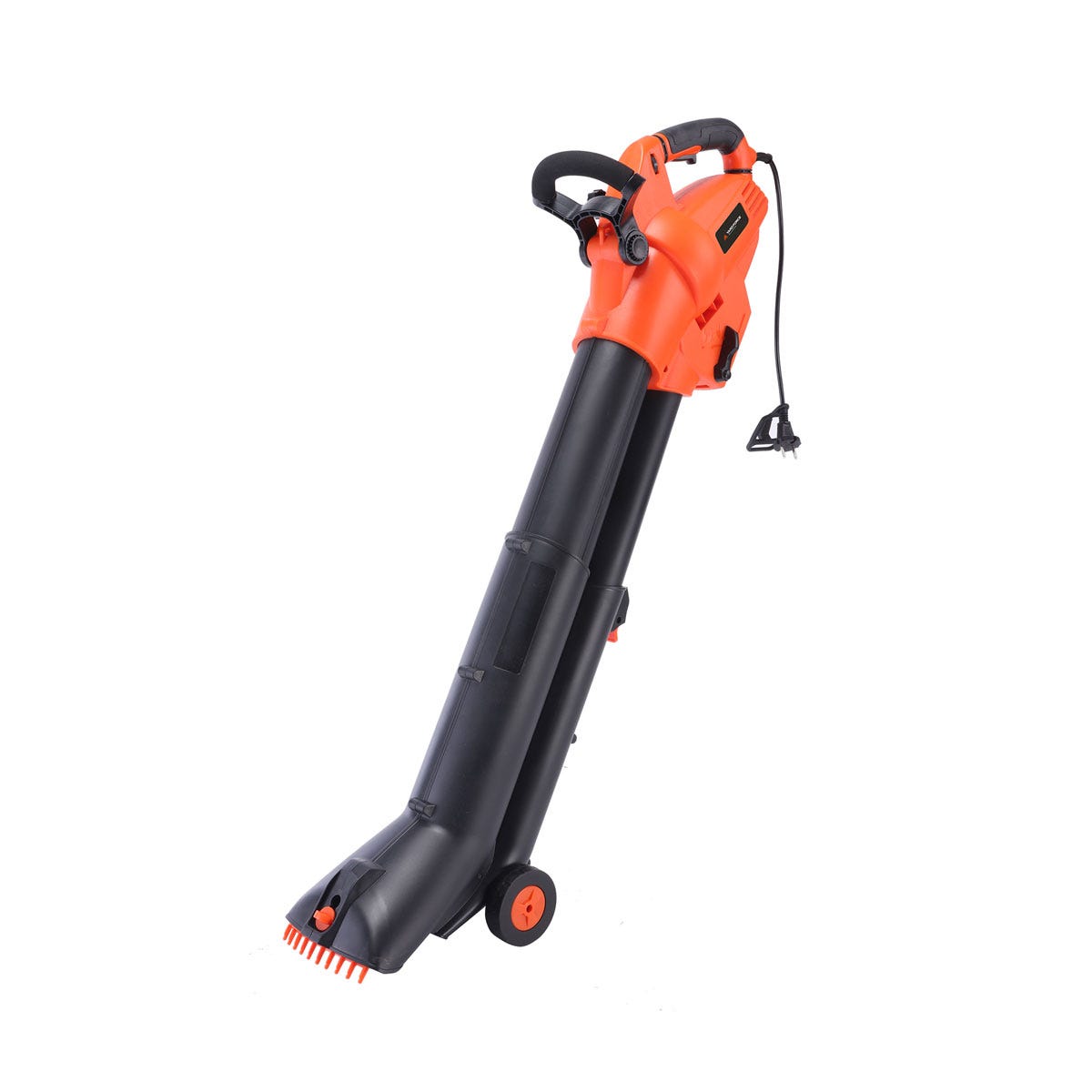 Yard Force 3-in-1 electric blower vac and mulcher in orange and black, featuring a 35L collection bag and adjustable air speed of 100-300 km/h, with a corded design and wheels for mobility.