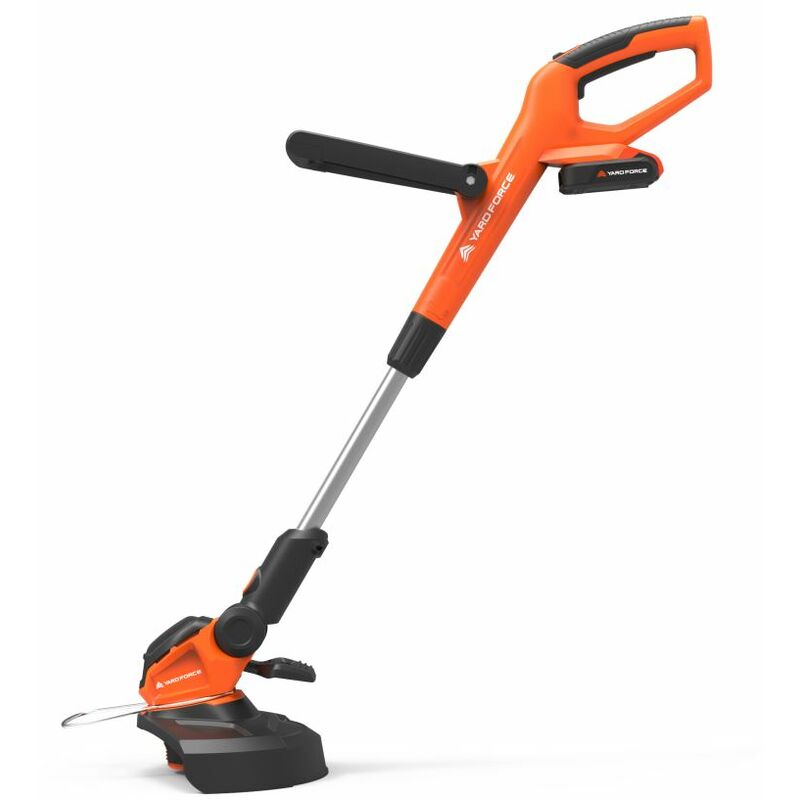 Cordless grass trimmer in vibrant orange with a sleek design, featuring an adjustable handle, a metal cutting head, and a lightweight body, designed for easy maneuverability.