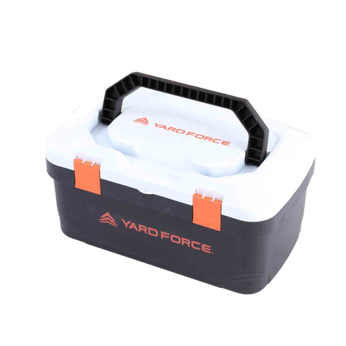 Black and white plastic toolbox with an orange handle and clips, featuring the "YARD FORCE" logo prominently displayed on the front.