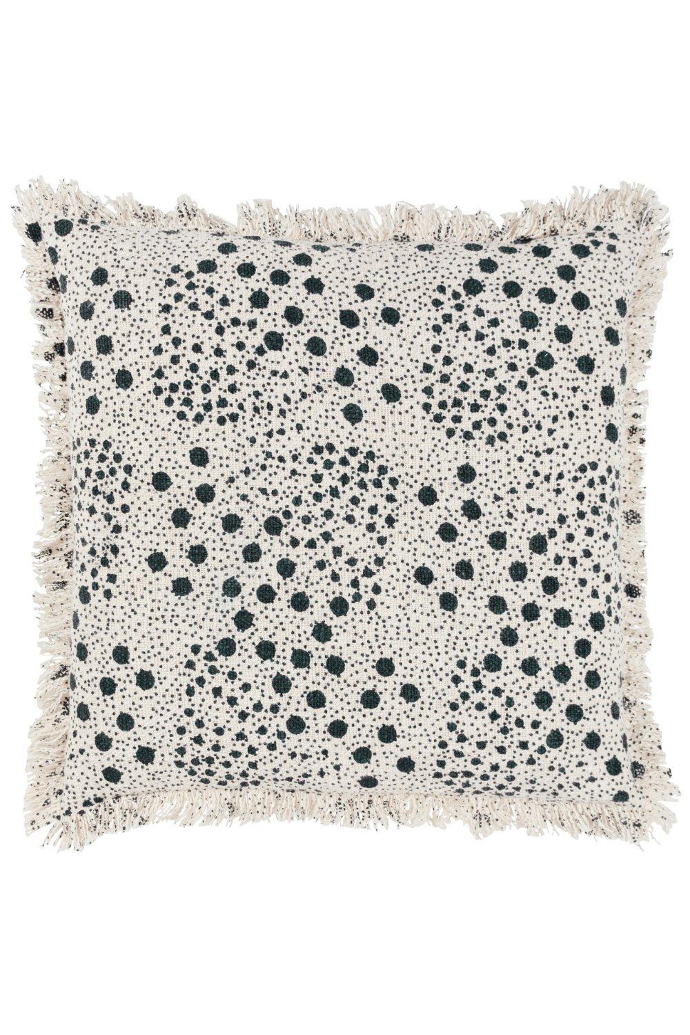 Black cotton cushion with a woven design featuring scattered dots in varying sizes, bordered by a fringed edge, offering a textured and stylish accent.