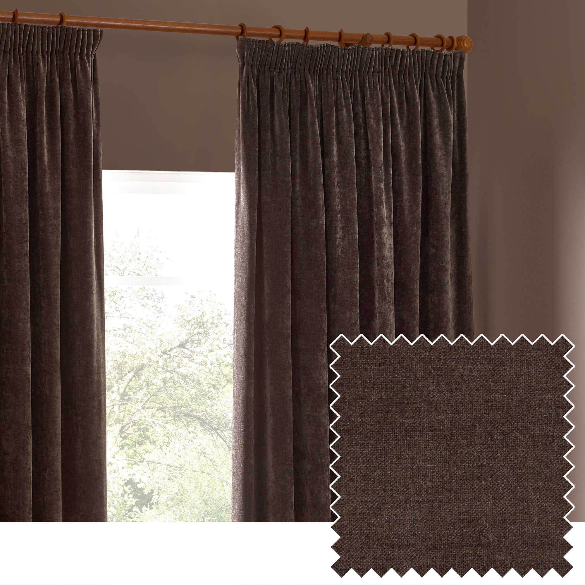 Heavy chenille velvet curtains in a rich dark brown color, featuring a pencil pleat design, effectively darkening the room. A fabric swatch in the same color is included.