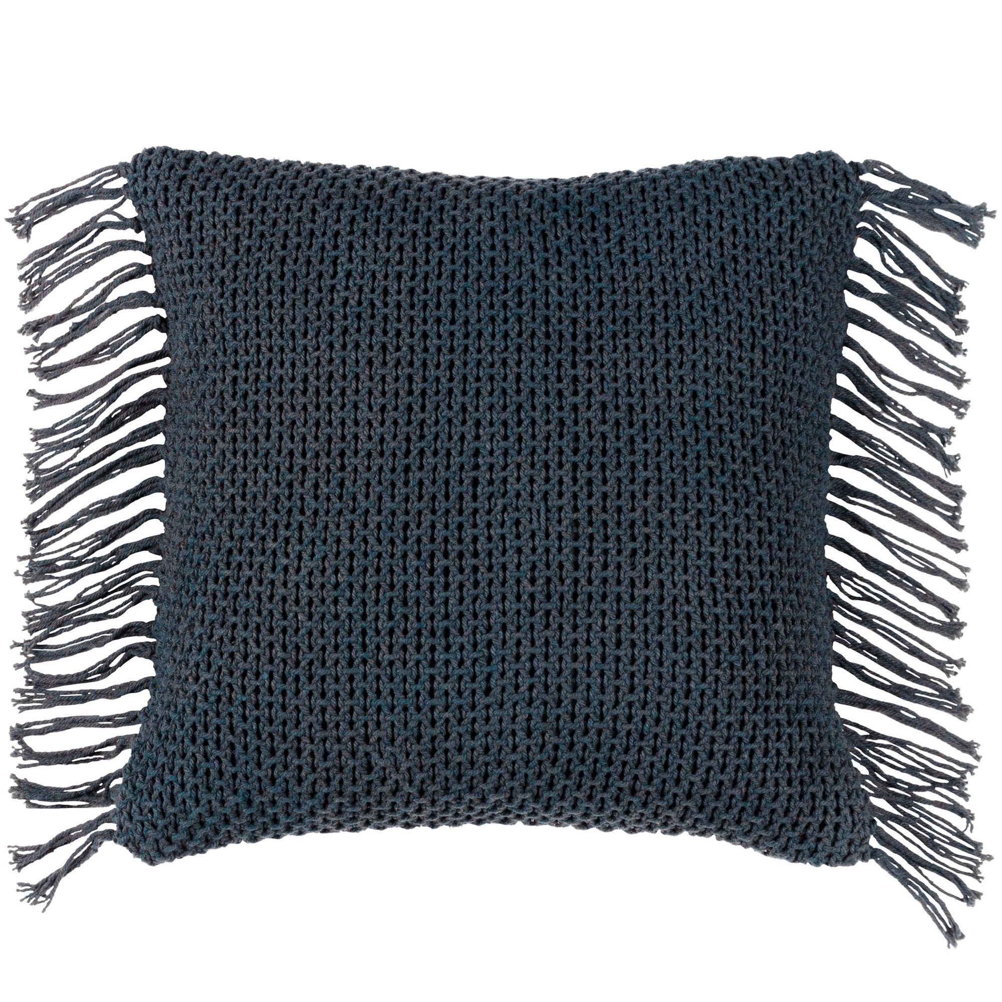 Blue knitted cushion with a textured pattern and fringed edges, made of cotton, measuring 45 cm x 45 cm, ideal for outdoor or indoor use.
