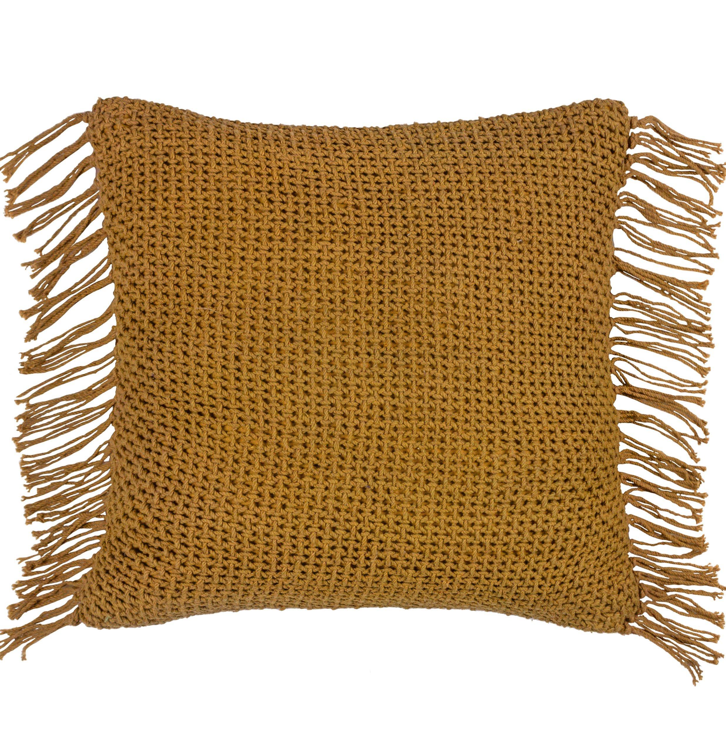 Yellow knitted cushion with a textured design and fringed edges, made from soft material, ideal for adding a cozy touch to outdoor or indoor spaces.