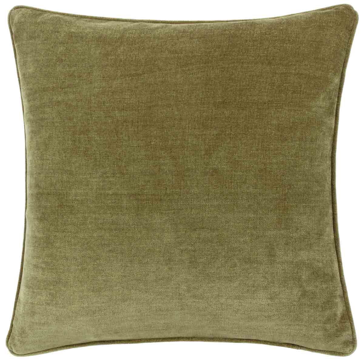 Square green cushion made of soft chenille fabric, featuring a plush texture and piped edges for added detail.