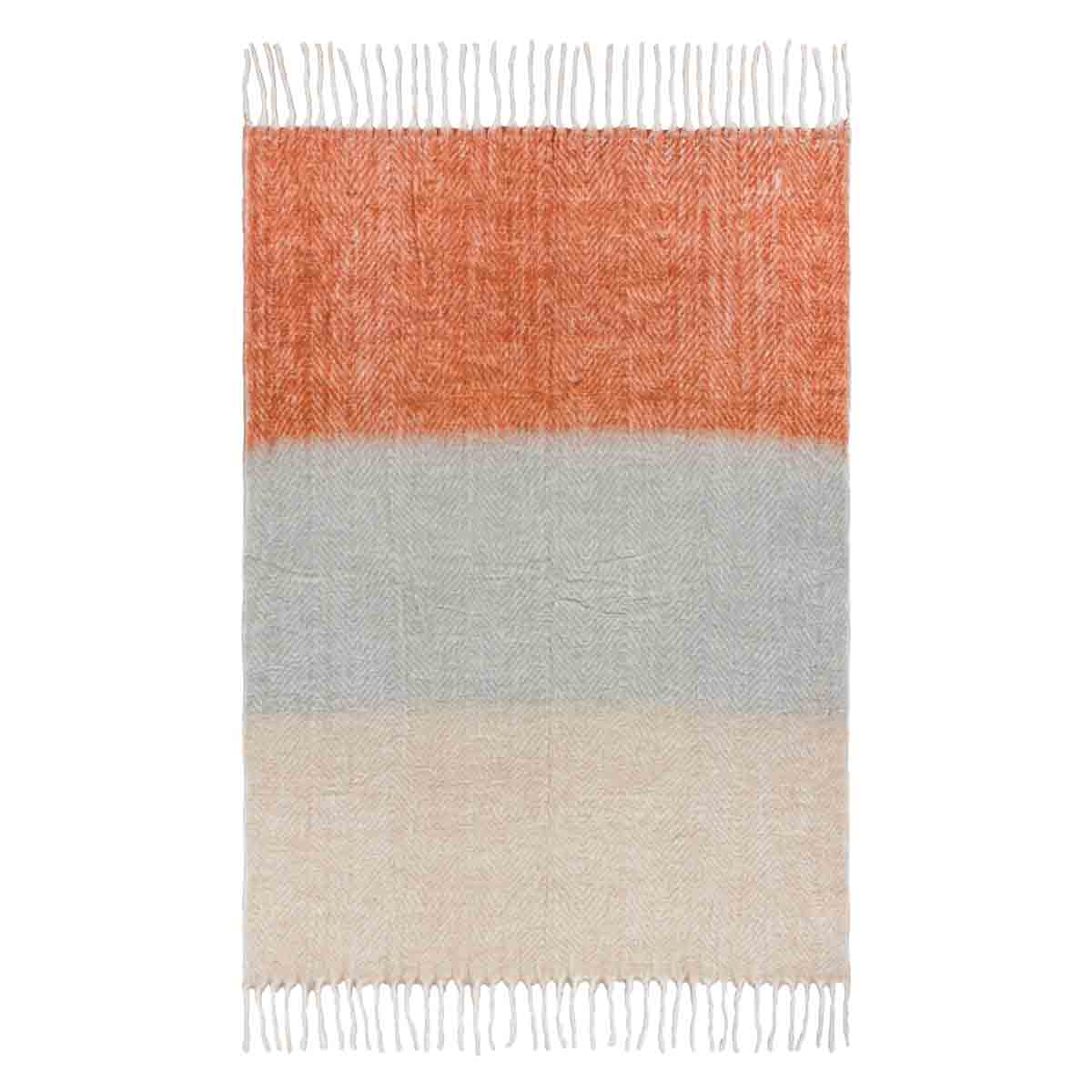 Red ombre herringbone throw featuring a gradient from deep red to light beige, made of soft material, with fringed edges, measuring 130 cm x 180 cm.