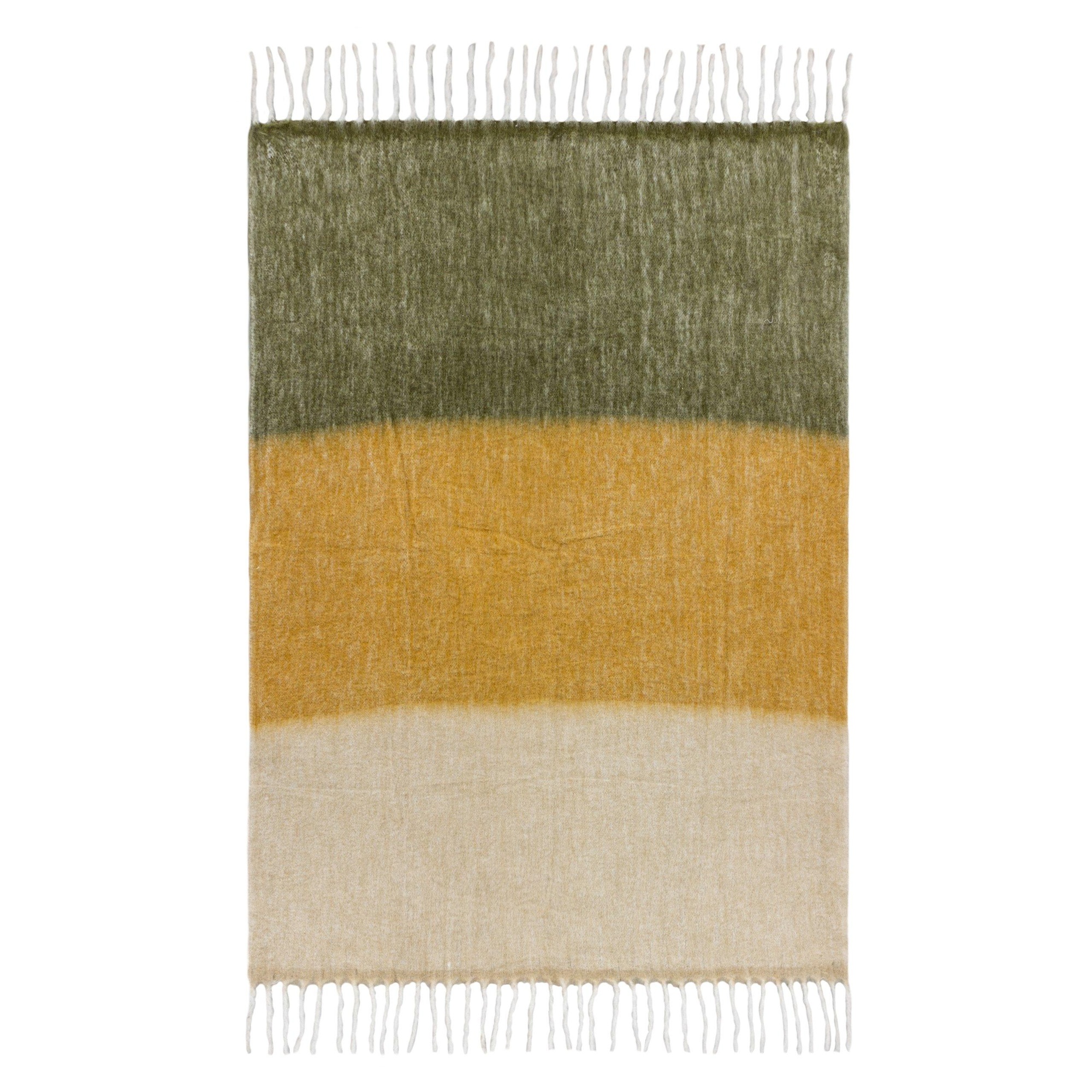 Ombre herringbone throw in natural tones, featuring a gradient of green, mustard yellow, and cream, with fringed edges, measuring 130 cm x 180 cm.