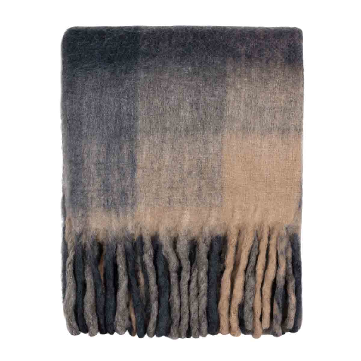Black and beige gradient throw blanket featuring a soft, textured finish and fringed edges, perfect for adding warmth and style to any space.