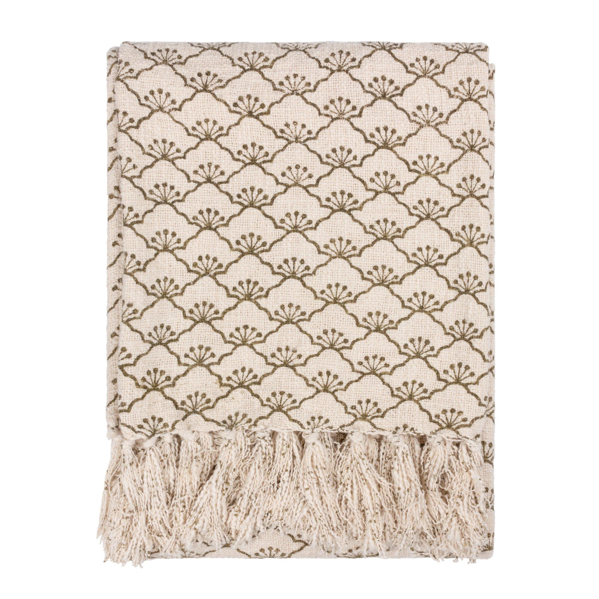 Olive cotton throw featuring a delicate blossom pattern and fringed edges, perfect for adding texture and warmth to any space.