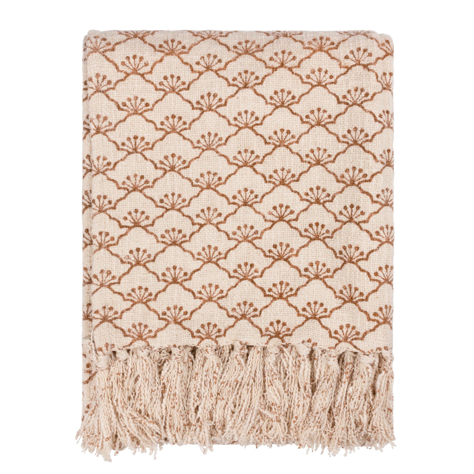 Cream-colored slub cotton throw featuring a delicate brown floral pattern and fringed edges, perfect for adding texture and warmth to any space.