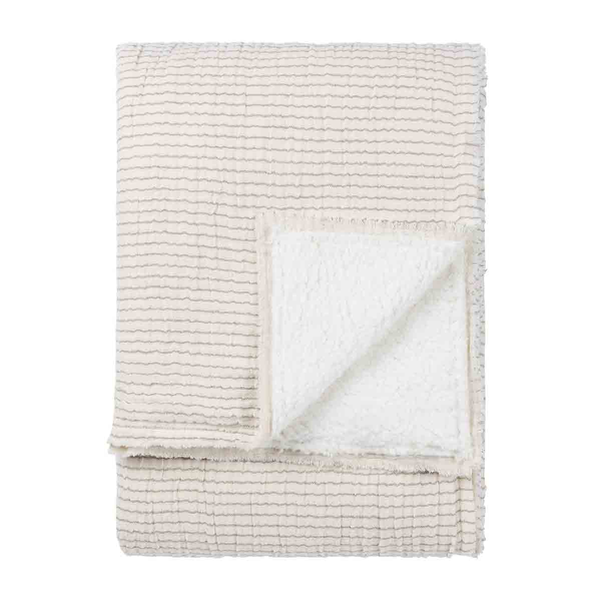Cream-colored throw blanket featuring a textured stripe design on one side and soft white sherpa lining on the other, perfect for cozying up.