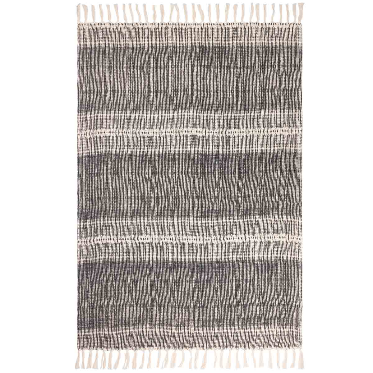 Black slub cotton throw measuring 130cm x 180cm with a textured pattern and fringed edges, featuring alternating stripes of black and cream.