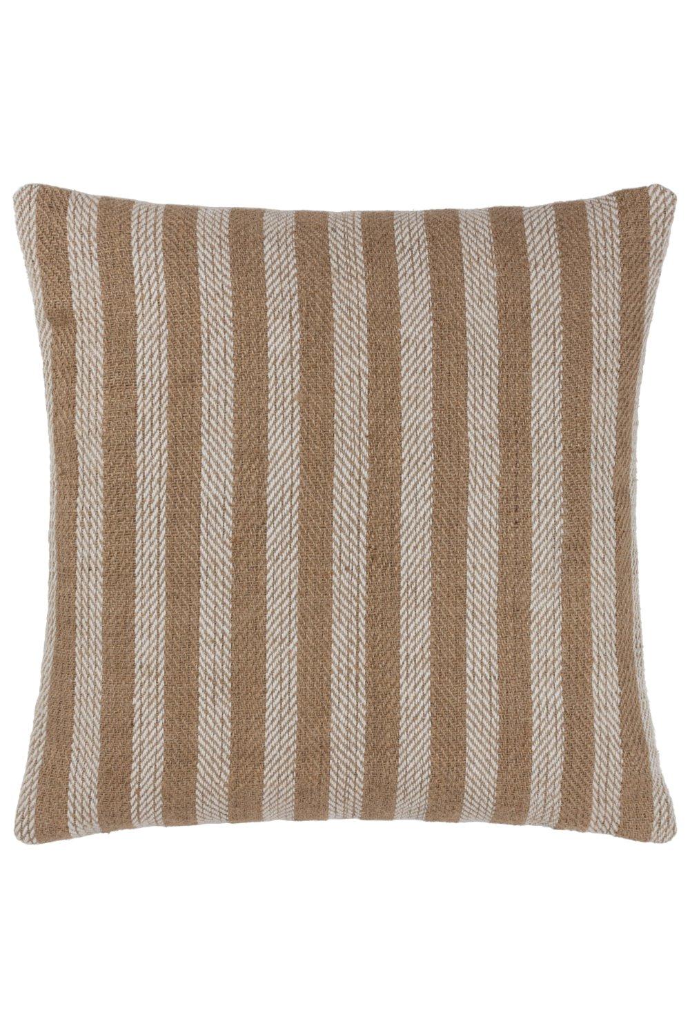 Textured woven cushion featuring alternating stripes in earthy brown and cream colors, made from polyester, ideal for adding a cozy touch to any space.