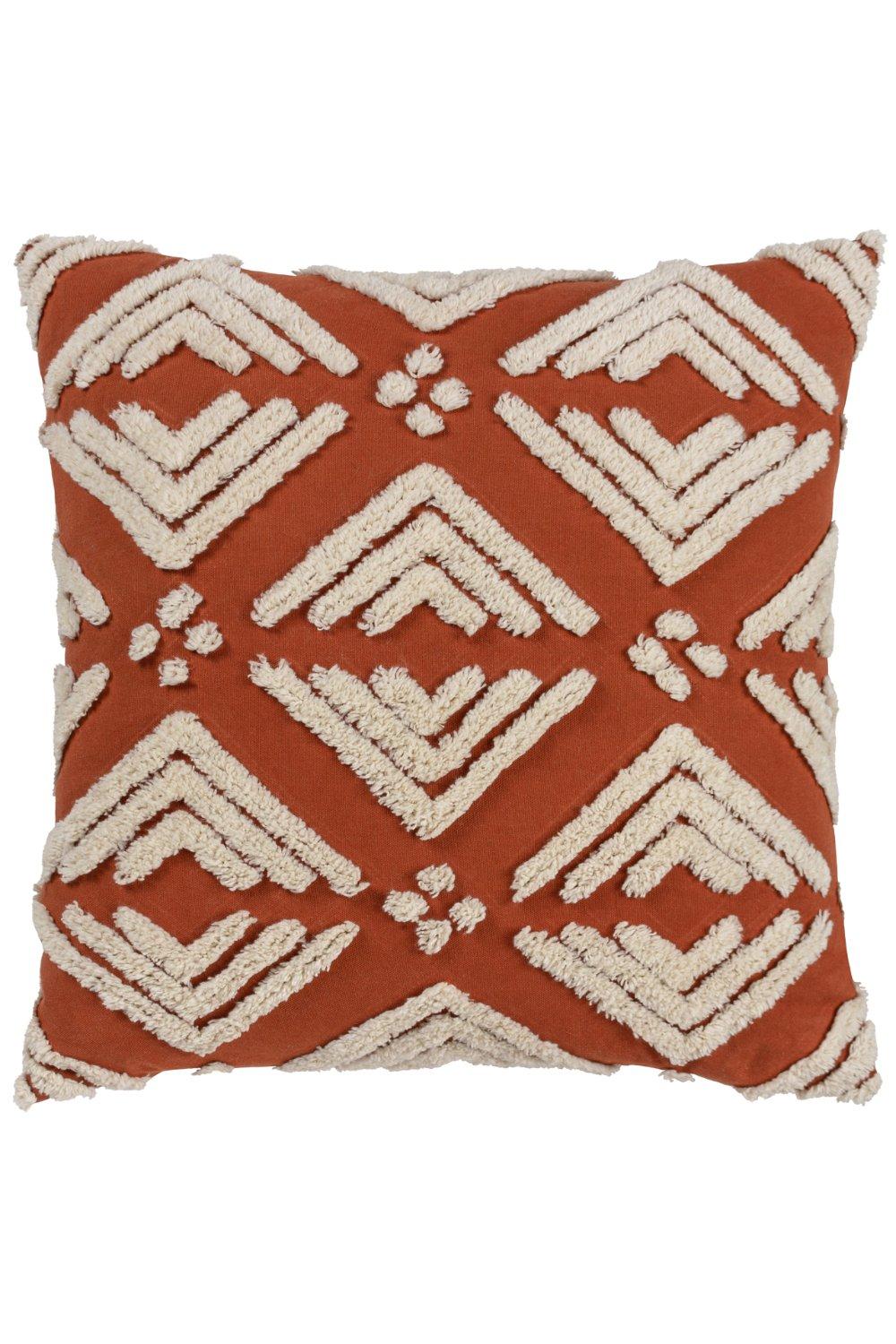 Square tufted cushion in brown cotton featuring a geometric pattern in cream, with textured raised designs for added comfort and style.