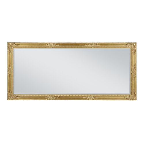 Decorative full-length mirror in metallic gold, measuring 74x163cm, featuring an ornate frame with intricate detailing around the edges.