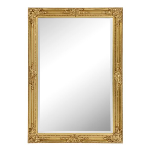 Decorative rectangular mirror with an ornate metallic gold frame, measuring 104 x 74 cm, featuring intricate detailing and a reflective surface.