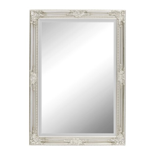 Decorative rectangular silver mirror measuring 104 x 74 cm, featuring an ornate metallic frame with intricate floral details and a polished reflective surface.