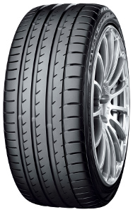 Black high-performance tire with a sleek tread pattern, labeled "Yokohama Advan Sport (V105E) 315/35 R21 111Y XL," featuring silent foam technology and a shiny silver alloy wheel.