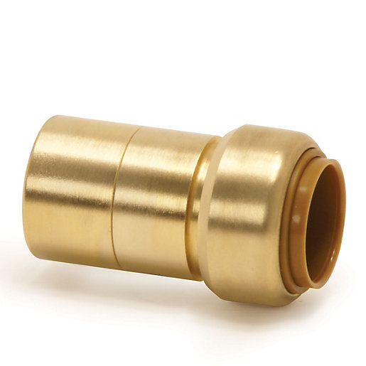 Brass push fit reducer connector, cylindrical shape, with a shiny gold finish, featuring a 15mm end and a 10mm end, designed for plumbing applications.