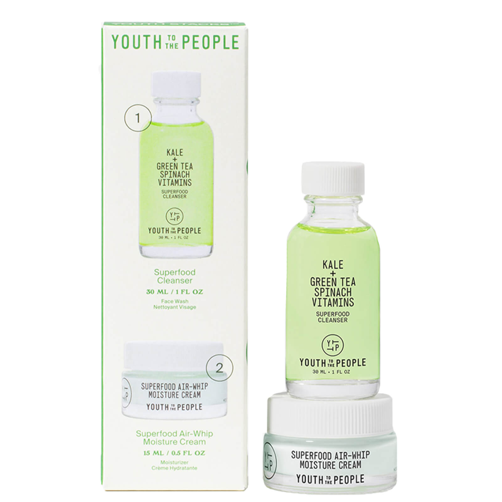 Youth to the People Youth Stacks set featuring a green bottle of Superfood Cleanser and a white jar of Superfood Air-Whip Moisture Cream, both in a sleek, eco-friendly box.