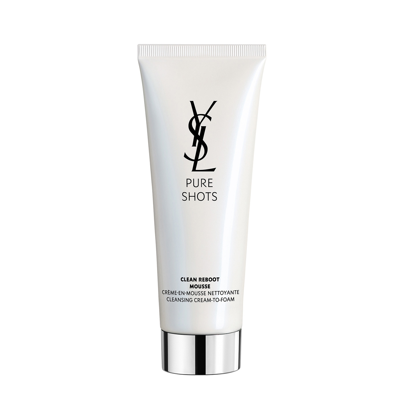 White tube with a sleek design, featuring the YSL logo and "Pure Shots" branding, contains 125ml of Clean Reboot Cleanser with a silver base.