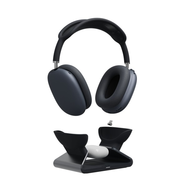 Zagg Max Charging Stand in sleek black with a smooth finish, featuring a dual charging dock for headphones and a compact design for easy storage.