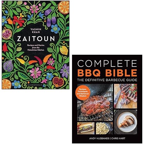 Two book covers: "Zaitoun" features a colorful floral design on a black background, while "Complete BBQ BIBLE" has a bold orange title on a black cover with a grilled meat photo.