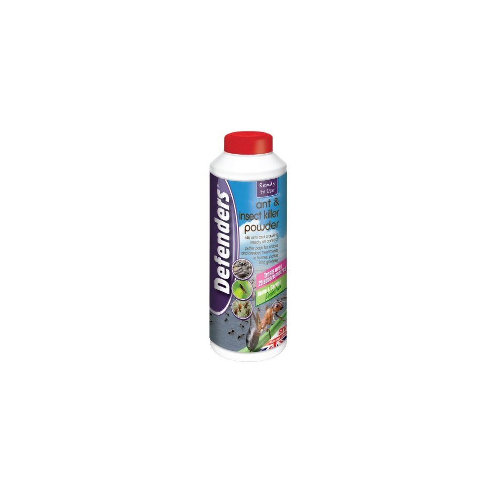White plastic container with a red cap, labeled "Defenders Ant & Insect Killer Powder," featuring illustrations of insects and a green background, designed for pest control in homes and patios.