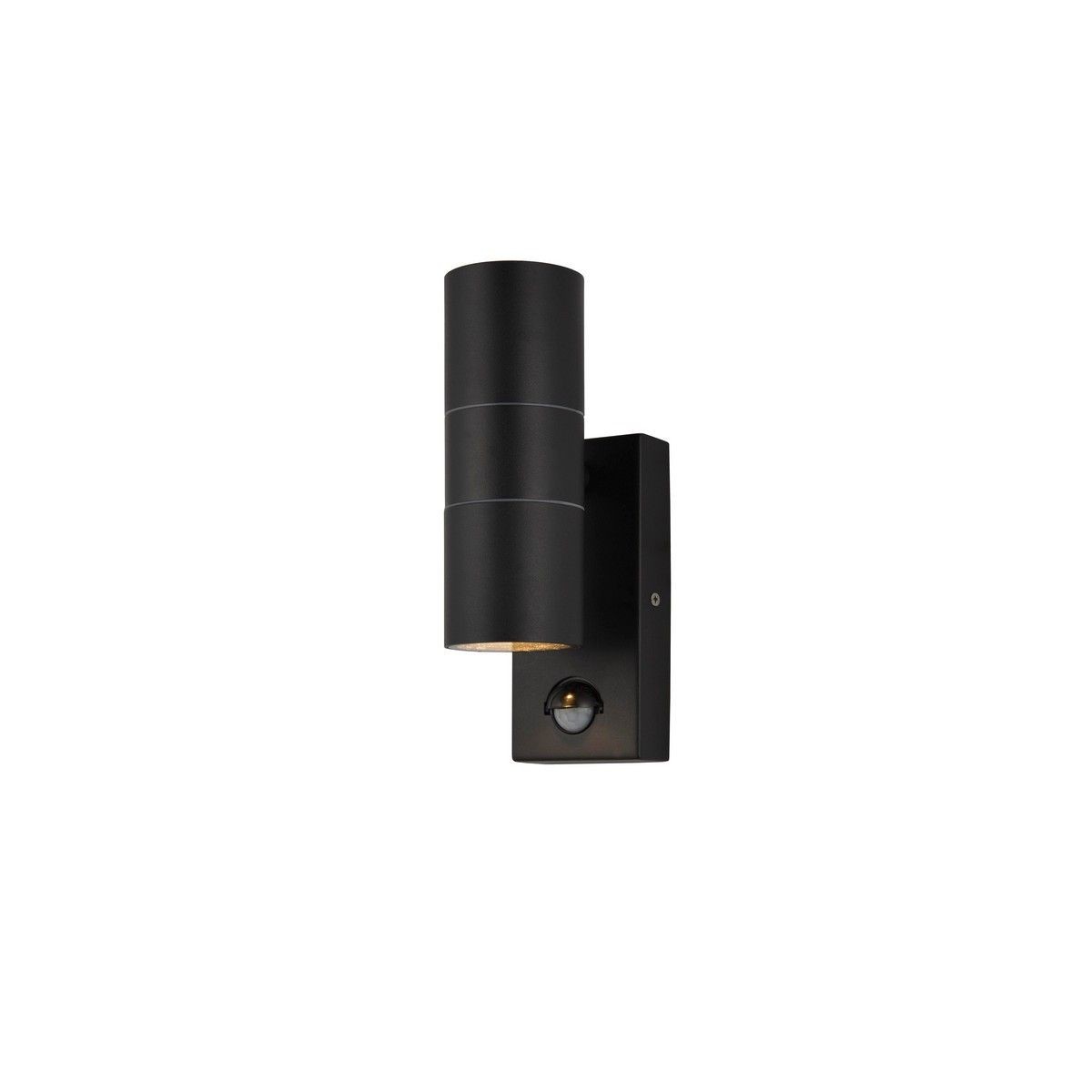 Black cylindrical outdoor wall lamp with two light fixtures, featuring an IP65 rating for weather resistance and a sleek, modern design by Zink.