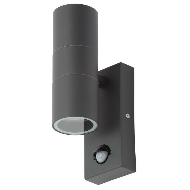 Anthracite-colored cylindrical outdoor wall lamp with a motion sensor, featuring a sleek design and IP65 rating for weather resistance.