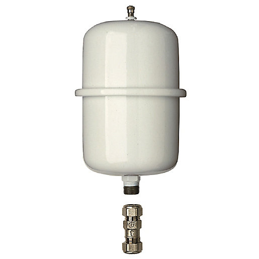 White cylindrical expansion vessel with a smooth finish, featuring a threaded top connection and a brass check valve attached at the bottom.