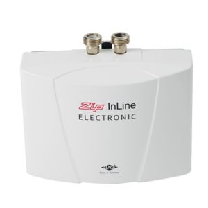 White Zip Inline ES3 electronic instantaneous water heater, featuring two metal water inlet connectors, sleek design, and a prominent "Zip InLine ELECTRONIC" logo.