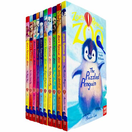Ten colorful paperback books from the "Zoe's Rescue Zoo" series by Amelia Cobb, featuring cute animal illustrations and titles, stacked together with a prominent cover showcasing a penguin.