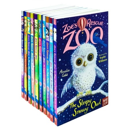 Ten colorful books from "Zoe's Rescue Zoo Collection" featuring vibrant covers with illustrations of various animals, including a snowy owl, stacked upright against a white background.