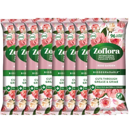 Zoflora Antibacterial Wipes in assorted packs feature a floral design with pink roses, biodegradable material, and claims to kill 99.9% of bacteria and viruses.