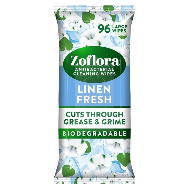 Zoflora Linen Fresh antibacterial multi-surface wipes pack, featuring a blue background with white cotton flowers, labeled with "96 large wipes" and "biodegradable" text.