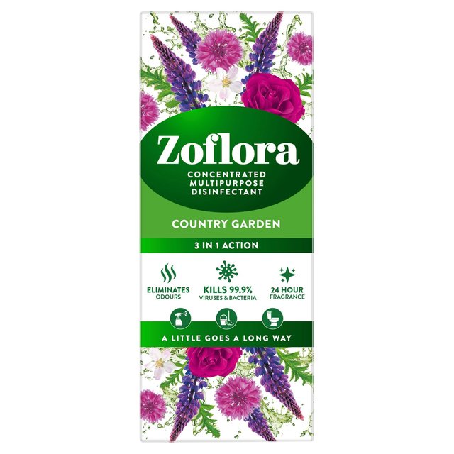 Zoflora Country Garden 500ml disinfectant bottle features a vibrant floral design with pink roses and purple flowers, highlighting its 3-in-1 action and 24-hour fragrance.