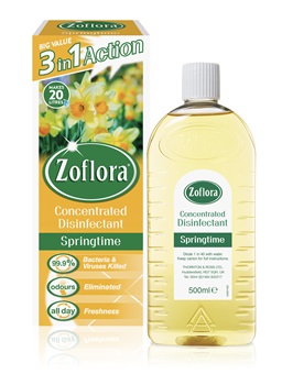 Zoflora Concentrated Disinfectant in a clear 500ml bottle, featuring a yellow liquid, with a green and yellow box displaying spring flowers and "3 in 1 Action" text.
