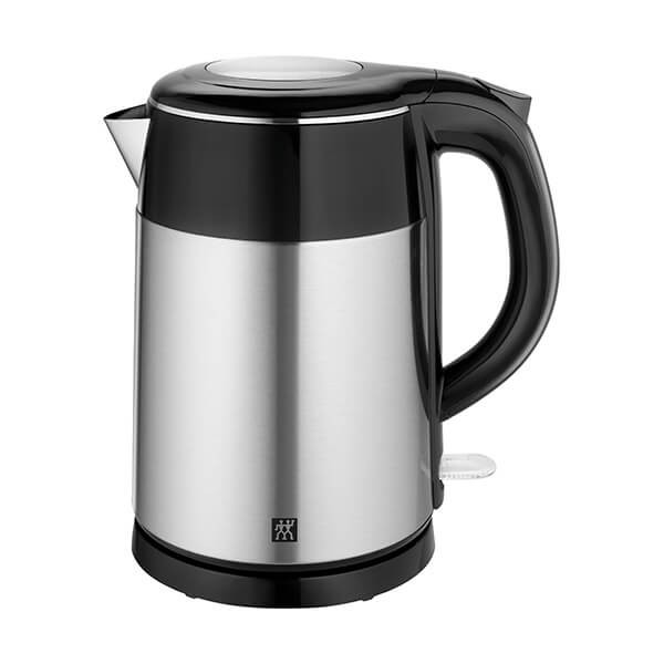 Silver stainless steel electric kettle with a black plastic handle and lid, featuring a spout and a white power indicator switch.