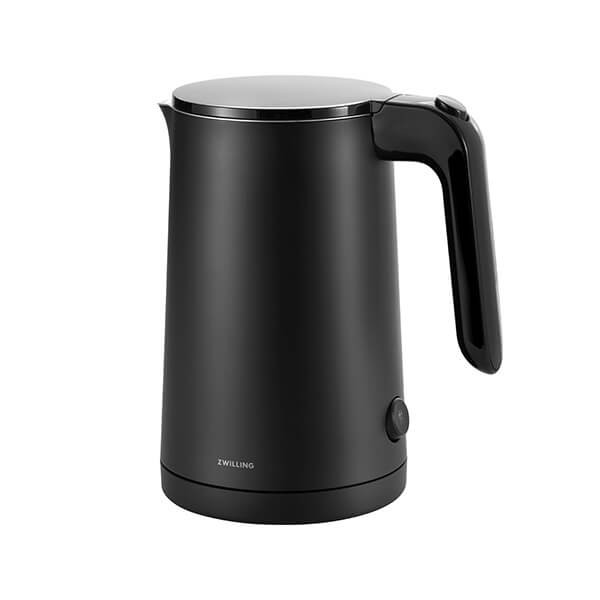 Sleek black electric kettle with a stainless steel lid, ergonomic handle, and a simple power button, featuring a modern design suitable for any kitchen.