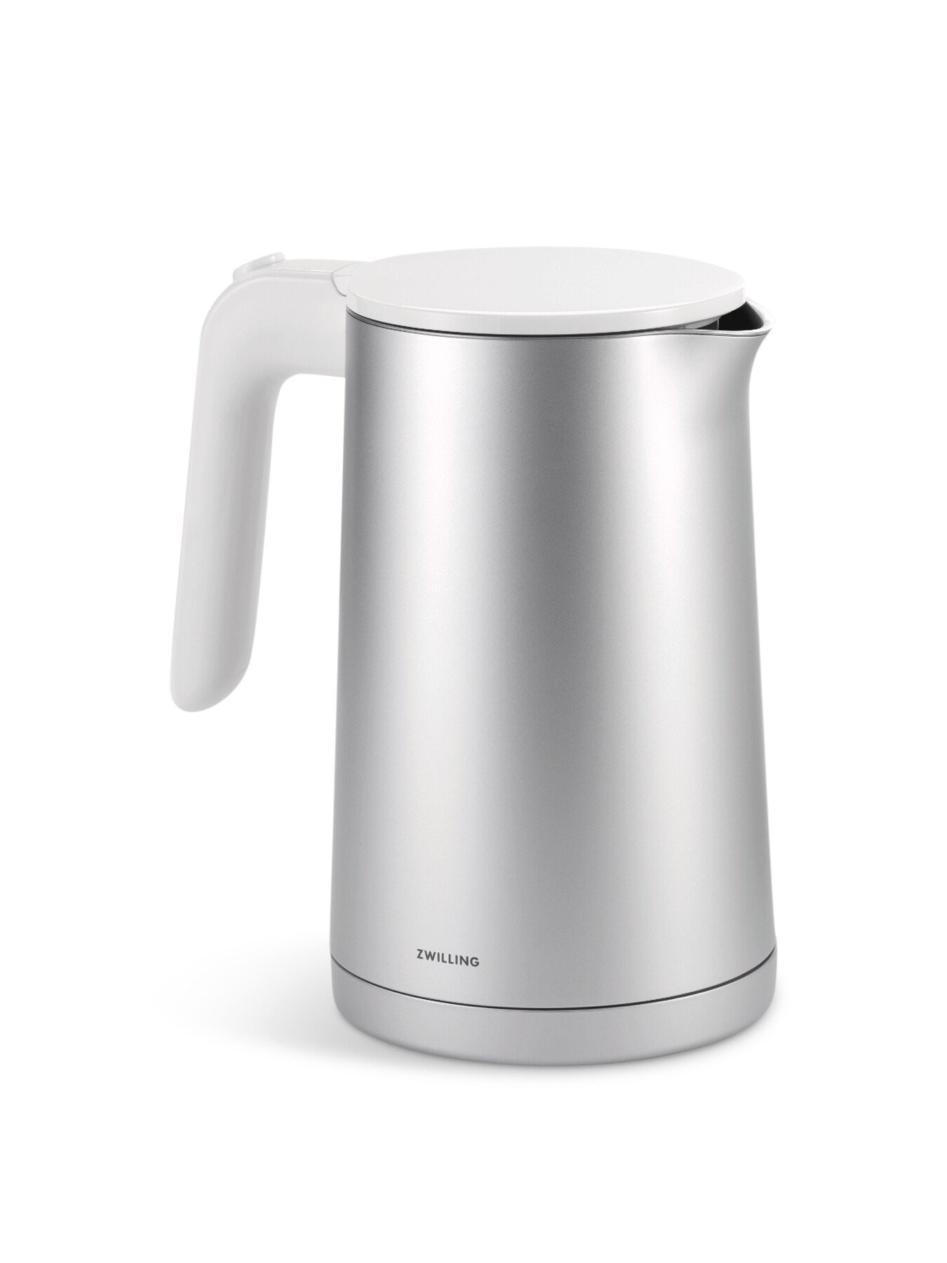 Sleek silver 1L electric kettle with a white handle and lid, featuring a modern design and the Zwilling logo at the base.