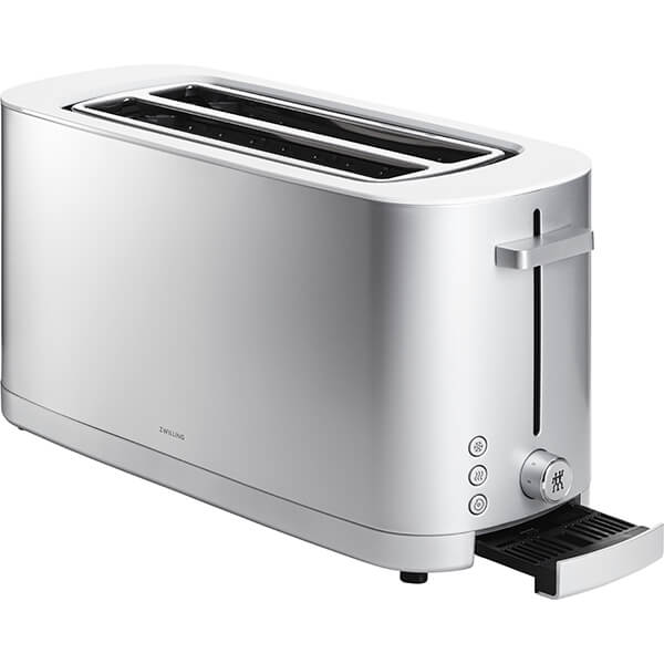 Sleek silver ZWILLING Enfinigy toaster with two long slots, a modern design, and a crumb tray for easy cleaning, featuring intuitive controls on the side.