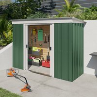 Green metal shed with sliding doors, silver trim, and a flat roof, featuring interior shelves and tools.