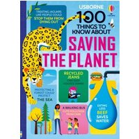 "Colorful book cover titled '100 Things to Know About Saving the Planet' with illustrations of a jaguar and water droplet."