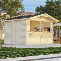 Large wooden garden bar with light wood panels, black roof, serving hatch, and side door, set in a grassy area.
