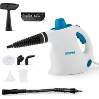 White Geepas steam cleaner with blue accents, flexible nozzle, and multiple black attachments.
