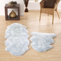 Duck egg blue sheepskin quad rug, 105x160cm, fluffy texture, soft wool, by Coopers of Stortford.