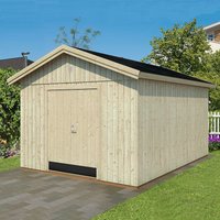 Beige wooden Palmako Martin Nordic shed with double doors, pitched roof, and no windows, set on a paved area.