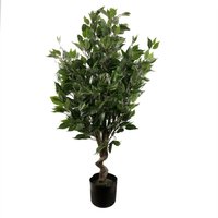 Artificial evergreen ficus tree, 110cm tall, with dense green leaves and twisted trunk in a black pot.
